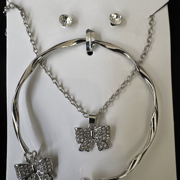 Silvertone Necklace Trio (Set of 3) CZ Necklace Earrings Bracelet BOW Charms NEW - Picture 1 of 7